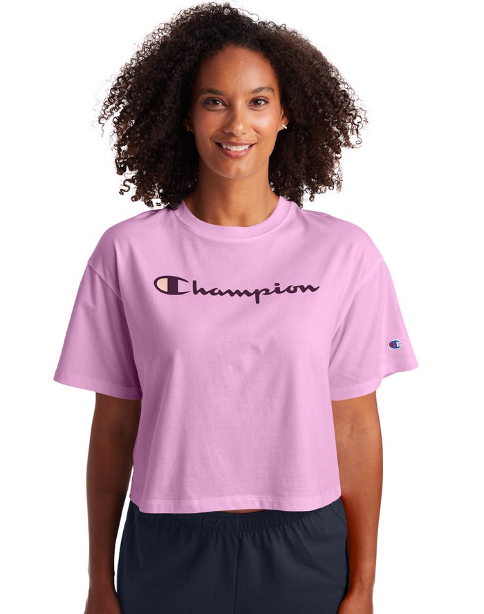 Champion Cropped Script Logo - Naisten Pinkki T-Paita - Suomi 4597018-HZ